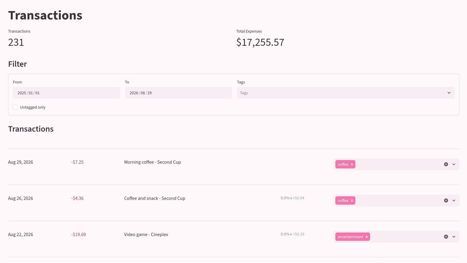 transactions pages screenshot